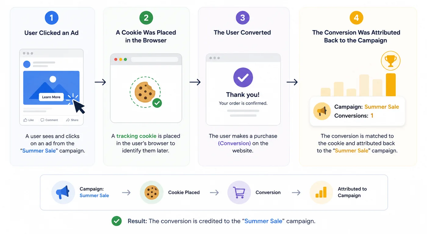 How ad tracking used to work: a user clicks an ad, a tracking cookie is placed in the browser, the user converts, and the conversion is attributed back to the campaign